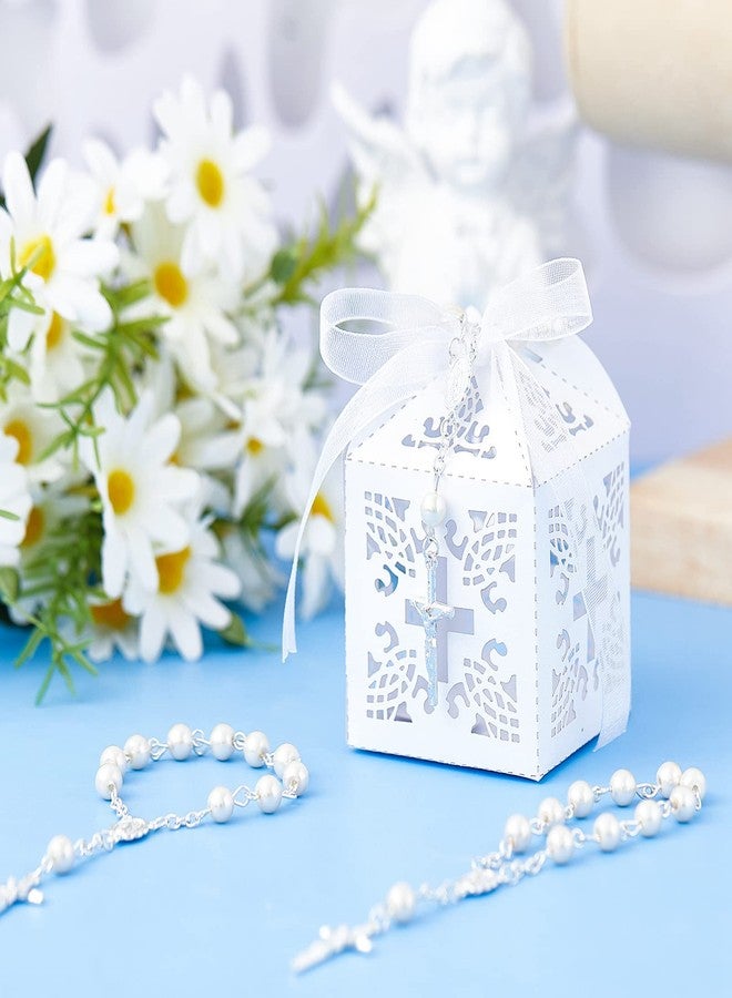 Bonuci 50 Packs Baptism Favors Set Acrylic Rosary Beads Faux Pearls with Organza Bags and Cross Baptism Favor Boxes Recuerdo De Boda Y Bautizo for Christening Weddings Party Favors(Silver Pearl Bracelet) - Image 3